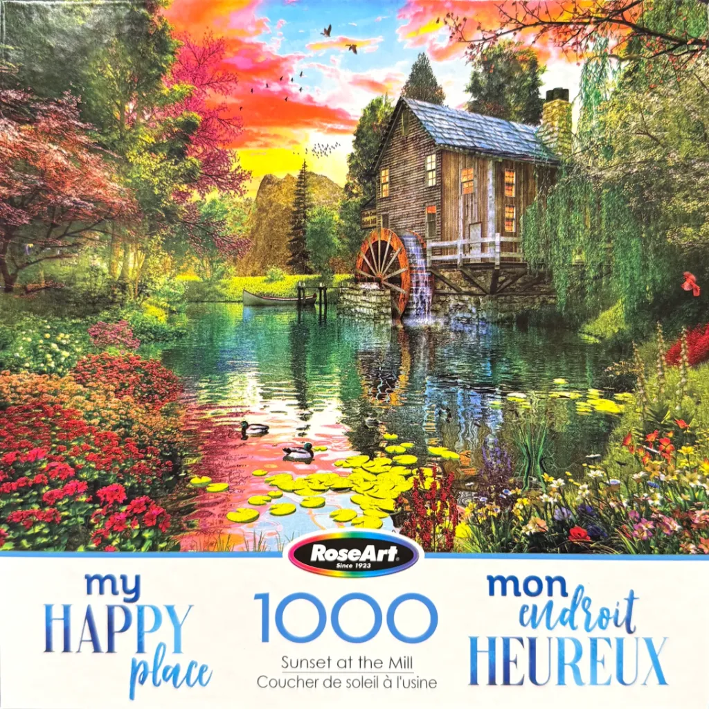 A scenic painting of a rustic watermill by a pond at sunset with vibrant colors and blooming flowers.