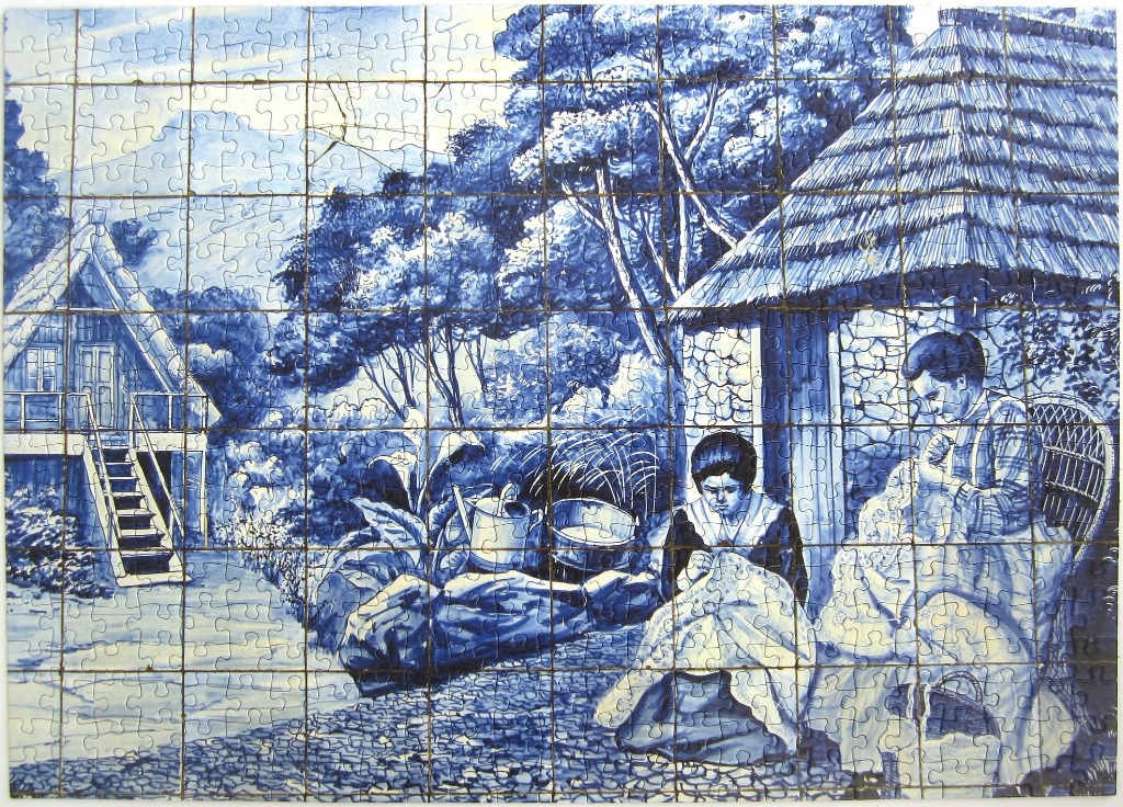 Blue and white illustration of two women sitting outside a cottage sewing.