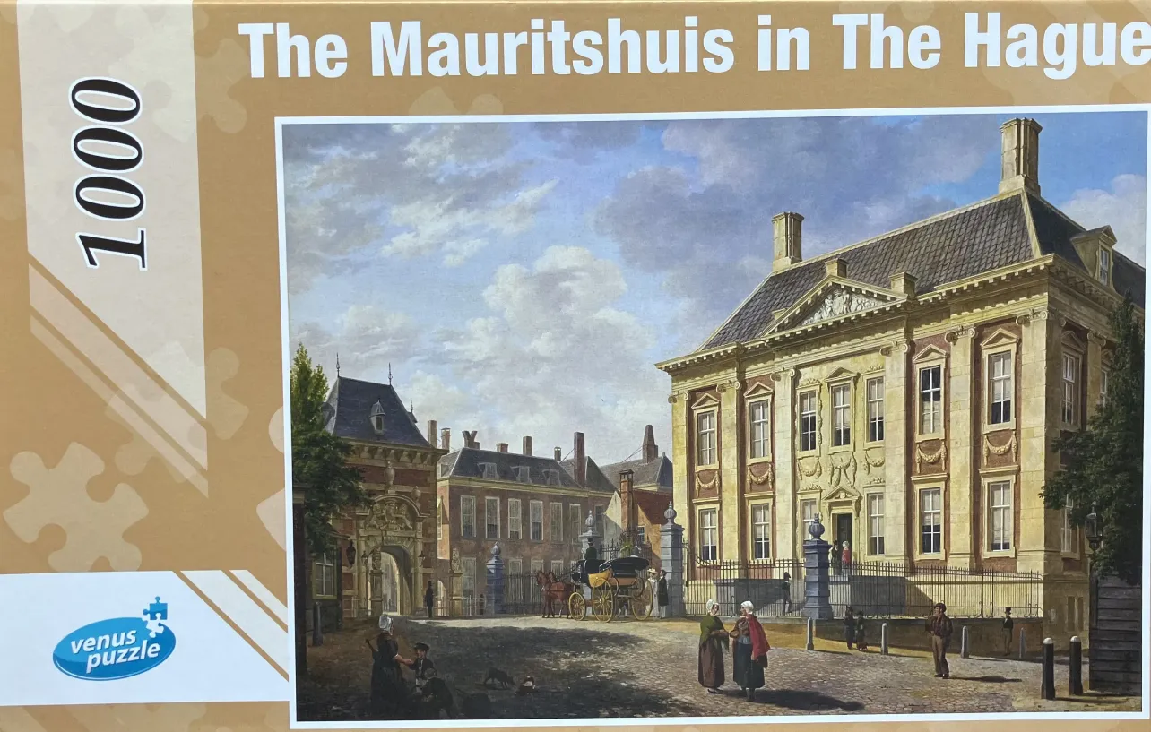 Historical painting of the Mauritshuis in The Hague with a horse-drawn carriage and figures in period clothing.