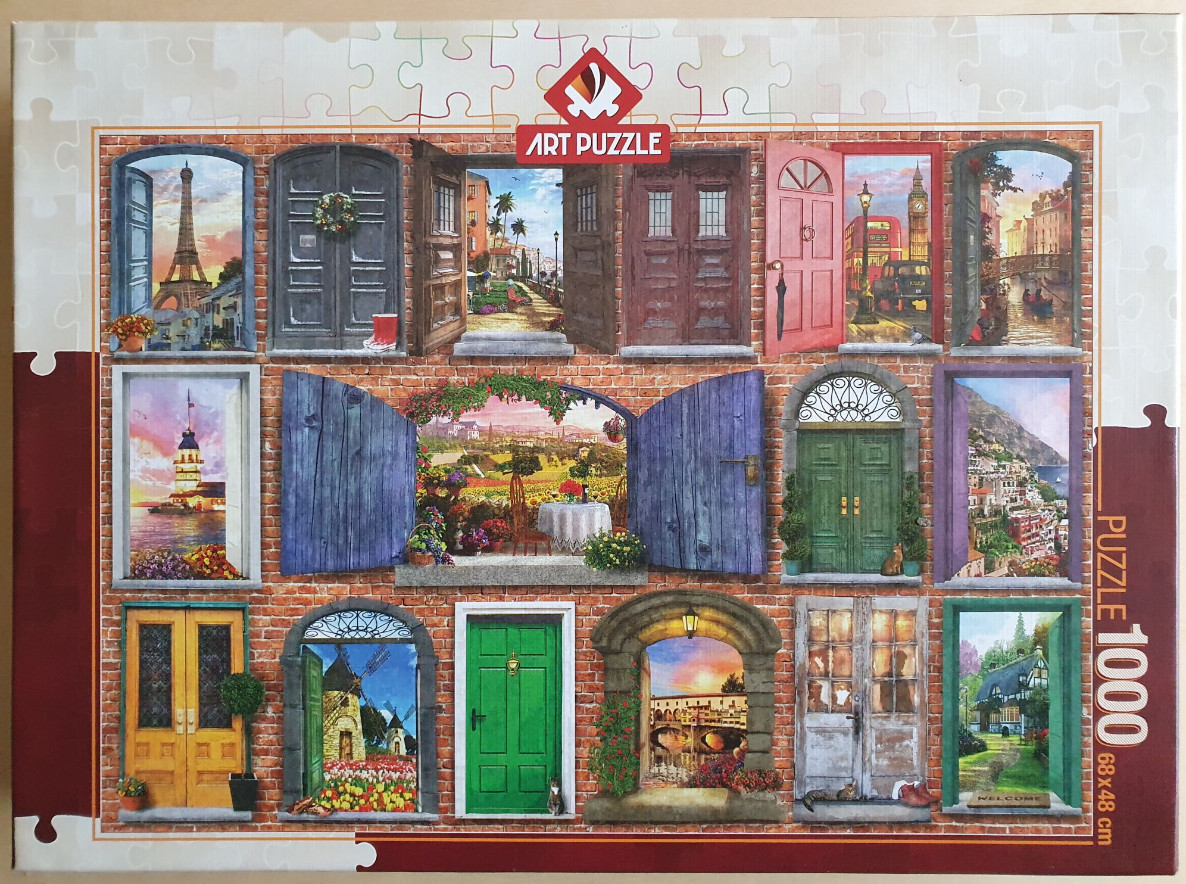 A collage of 14 diverse doorways opening onto various world landscapes and city scenes set against a brick wall.