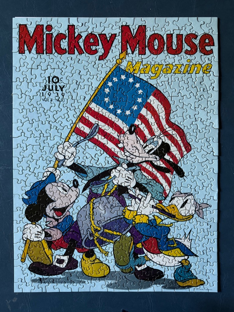 Vintage Mickey Mouse Magazine cover featuring Mickey, Goofy, and Donald Duck with an American flag.