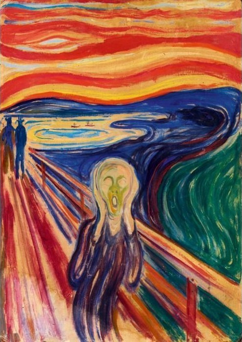 A central figure with a panicked expression stands on a bridge before a swirling, fiery landscape.