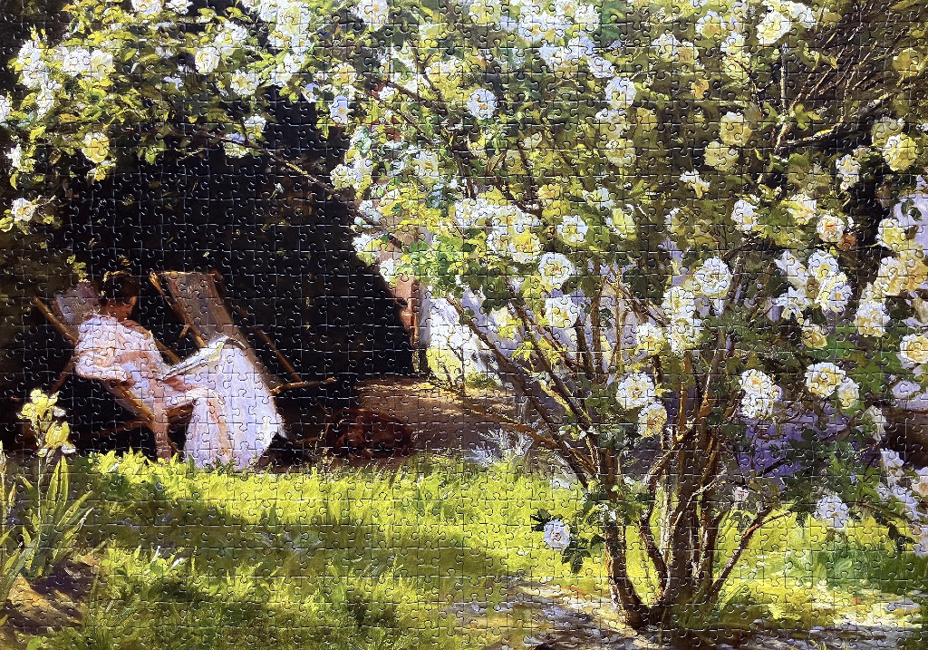 Painting of a woman in a white dress reading under a large flowering white rose bush in a sunny garden.