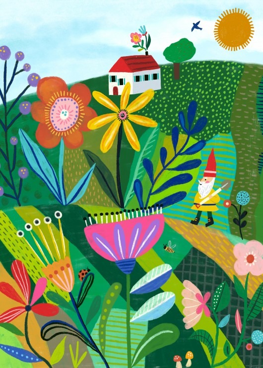 A whimsical illustration of a garden gnome walking through a stylized, colorful floral landscape under a bright sun.