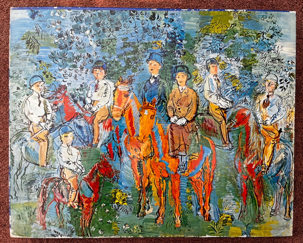 A group of seven figures in formal riding attire mounted on horses in a lush, impressionistic forest setting.