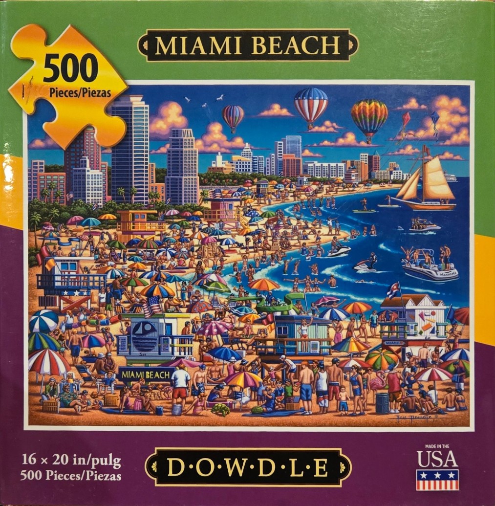 An illustration of a bustling Miami Beach scene with high-rise buildings and colorful umbrellas.