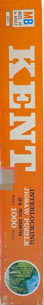 Orange box with white text and a circular image of an aerial view of a town.