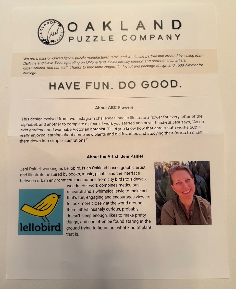 A document featuring text about an artist, a small logo of a yellow bird, and a photograph of the artist.