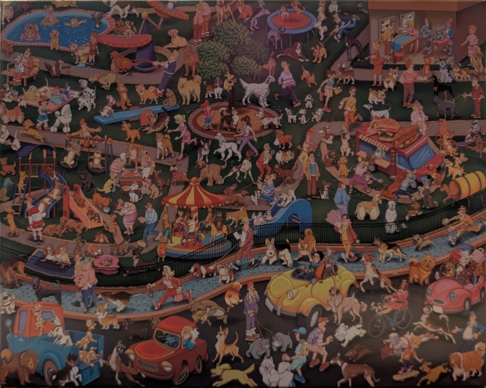 Busy cartoon scene of a dog park filled with various dog breeds and people