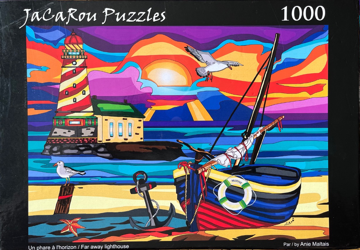Stylized illustration of a lighthouse and a small boat on a beach at sunset with bold colors.