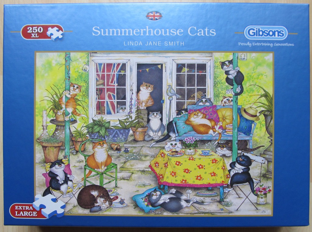 Whimsical illustration of numerous cats enjoying a sunny summerhouse garden with tables, chairs, and potted plants.