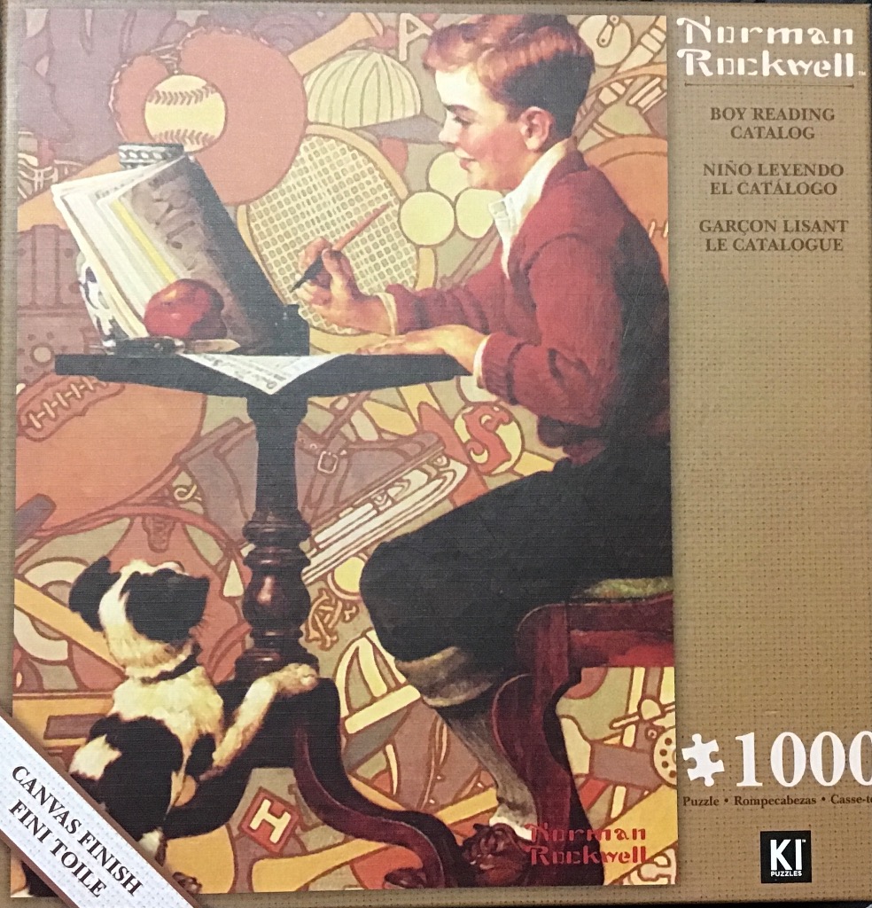 A young boy in a red sweater sits at a table reading a catalog with a puppy looking up at him against a background of sports 