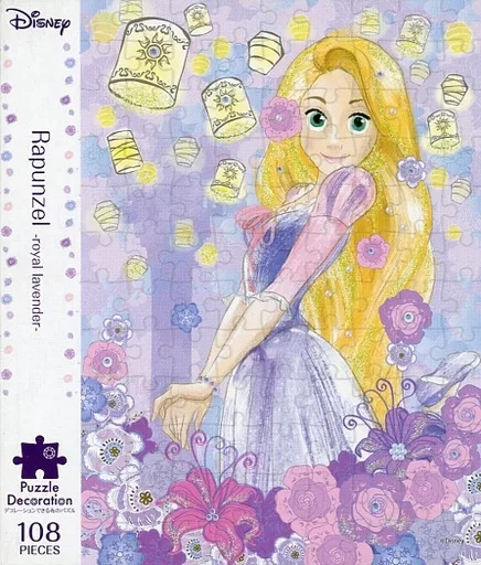 Rapunzel with long blonde hair surrounded by floating lanterns and purple flowers in a soft, sketched style.