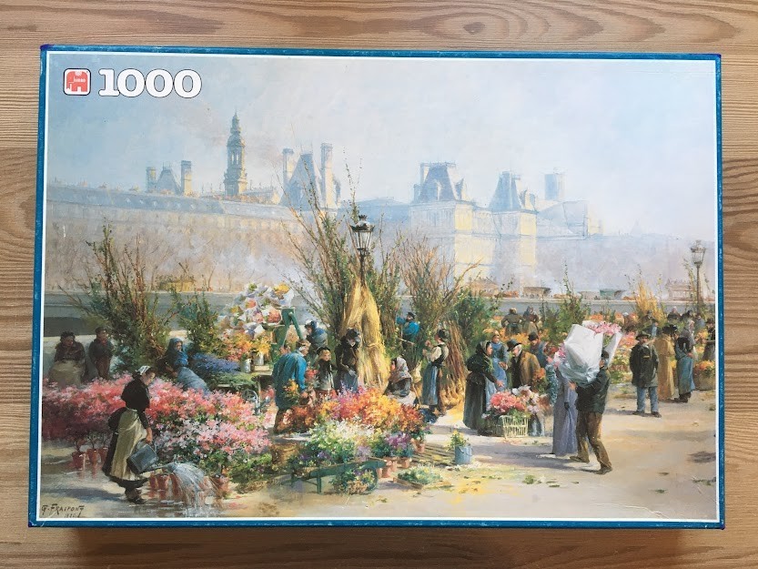 Impressionist oil painting of a bustling 19th-century Parisian flower market in front of a grand stone palace.