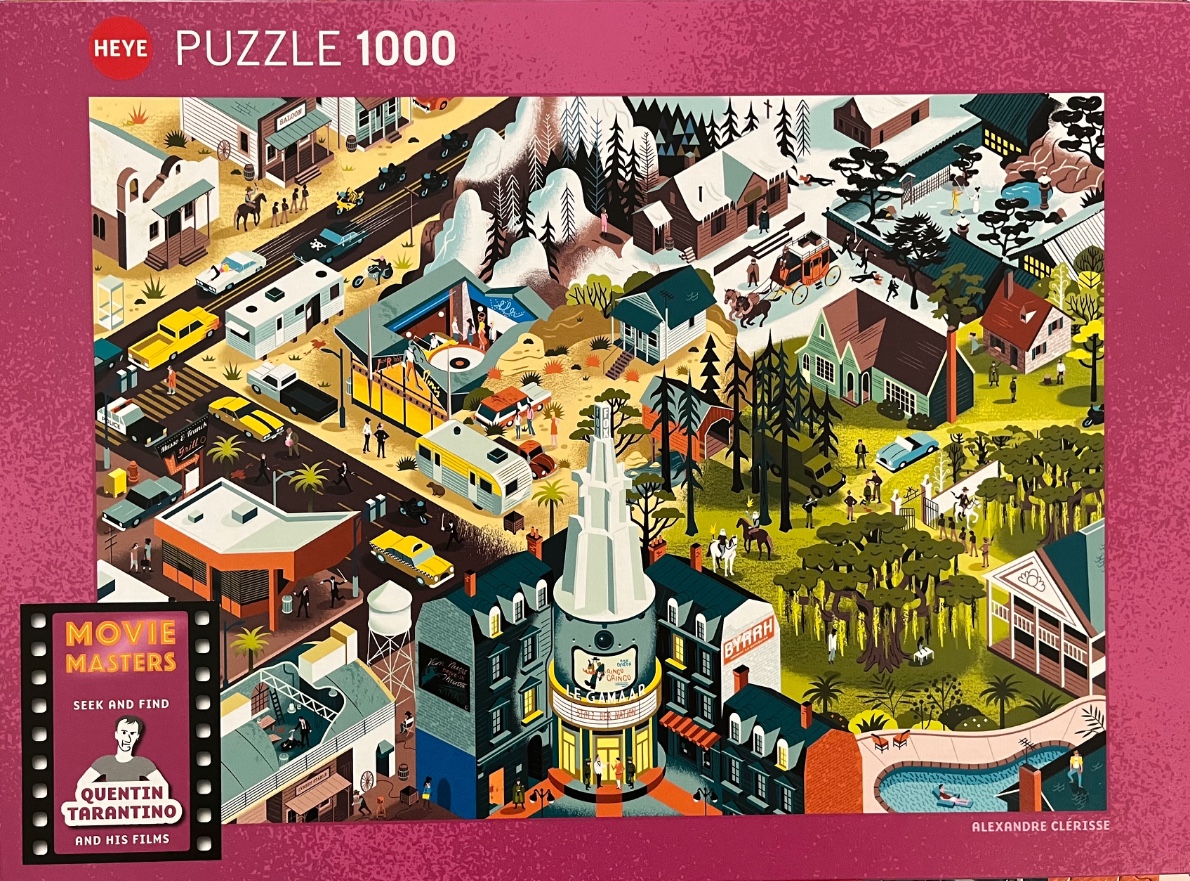 A detailed, isometric cartoon illustration depicting a sprawling town inspired by Quentin Tarantino films.