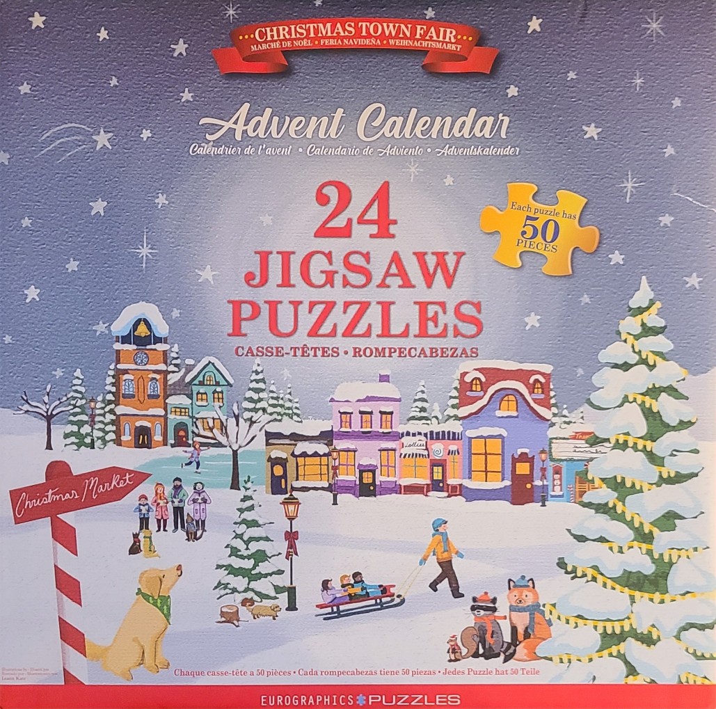 Illustration of a snowy Christmas town fair with people, a large tree, and a golden retriever in the foreground.