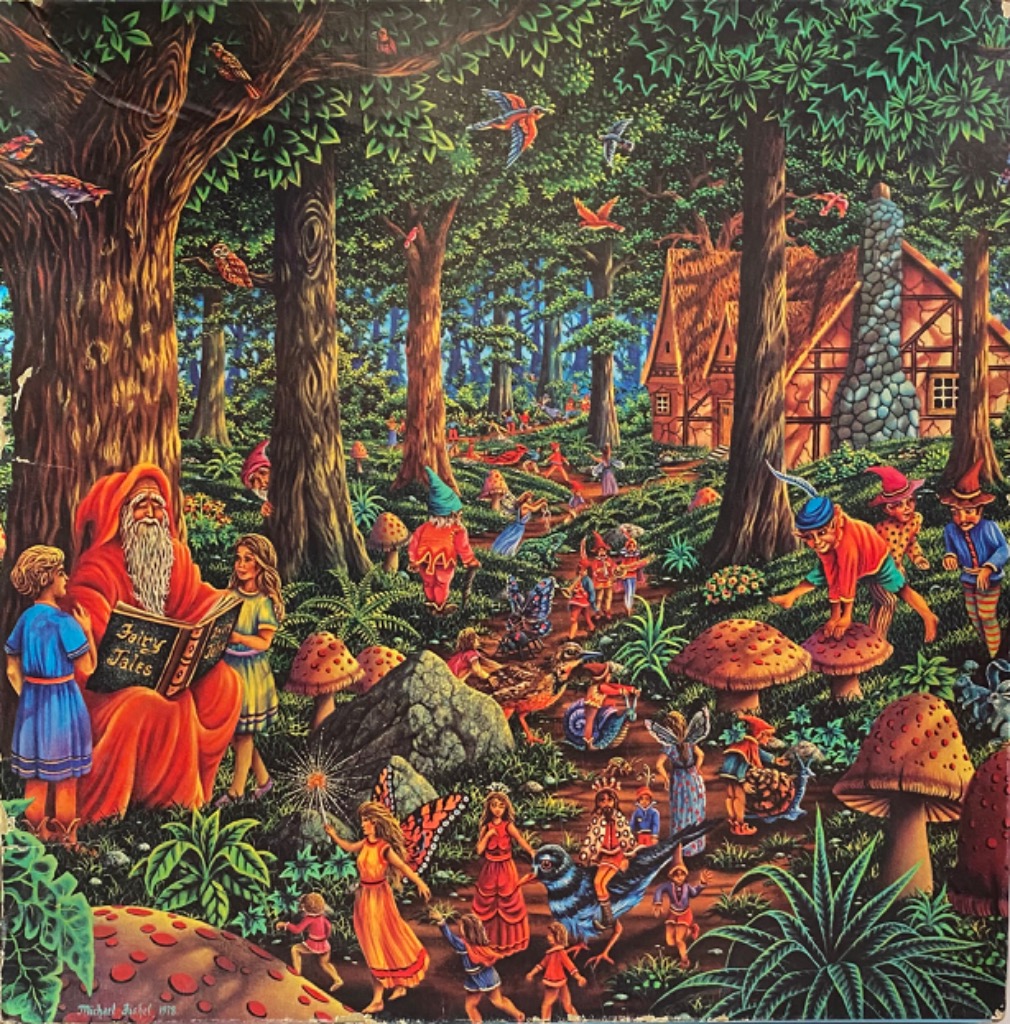 A fantasy illustration of an old wizard reading to children in an enchanted forest filled with fairies and gnomes.