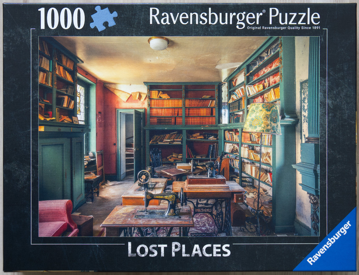 An abandoned, dusty room filled with vintage sewing machines, bookshelves, and aged walls.