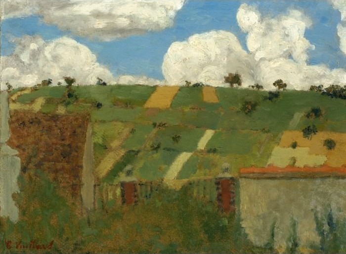 Oil painting of a patchwork green and gold hillside under a bright blue sky with large, fluffy white clouds.
