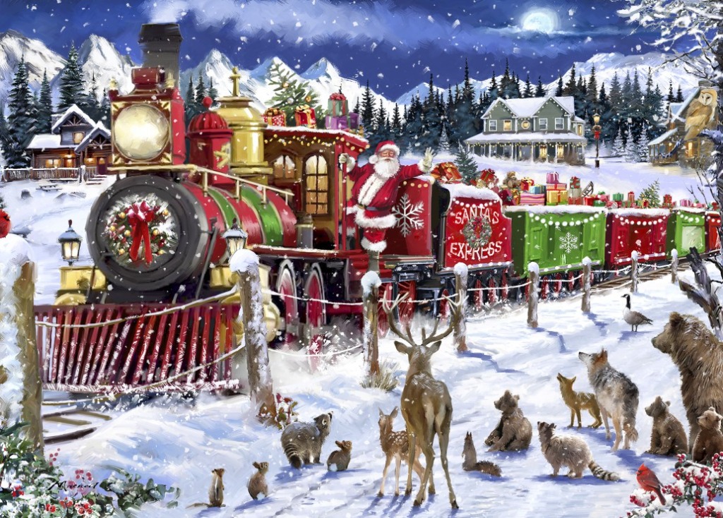 Santa waving from a festive steam train in a snowy forest surrounded by woodland animals.