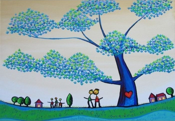 A whimsical illustration of a large blue tree with heart-shaped leaves over a landscape with stick-figure people and houses.