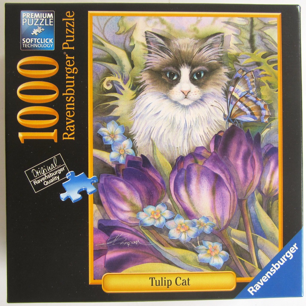 An illustration of a fluffy, long-haired cat peeking through purple tulips and light blue flowers with a butterfly.