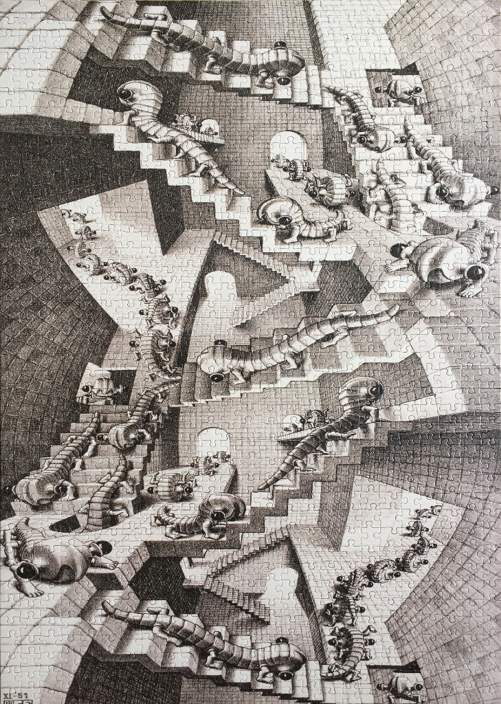 An Escher-style black and white illustration of staircases inhabited by many segmented, worm-like creatures.