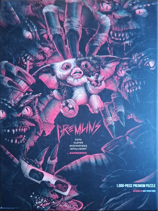 Stylized illustration of Gizmo surrounded by menacing gremlins in a dark, neon-pink and blue color palette.