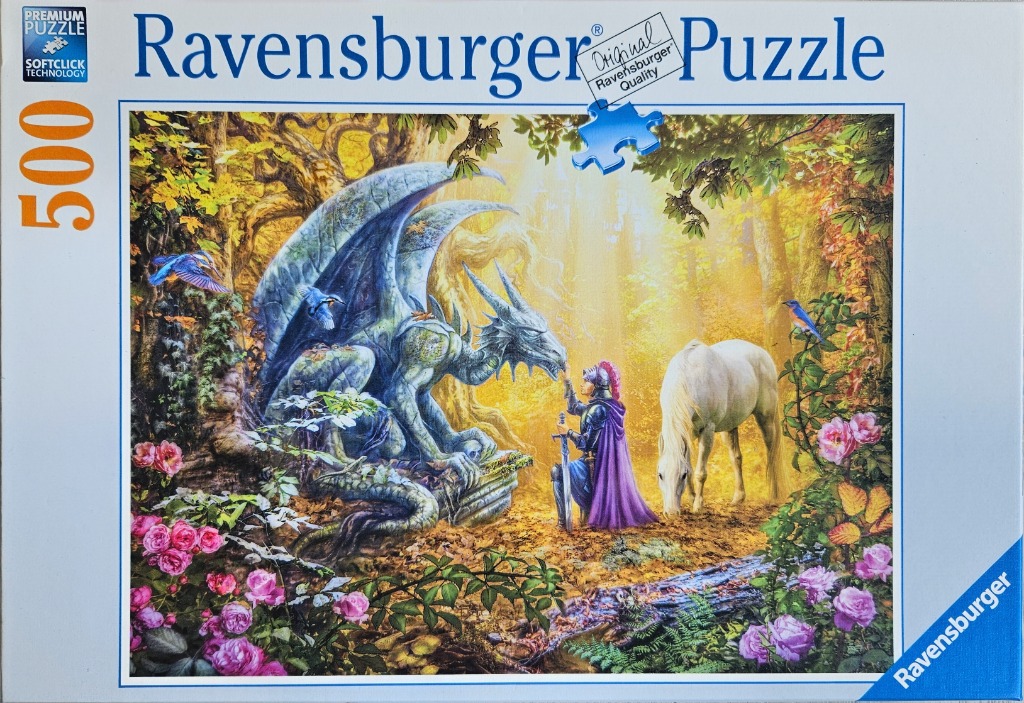 A fantasy illustration of a knight in armor kneeling before a large dragon in a sunlit, rose-filled forest.