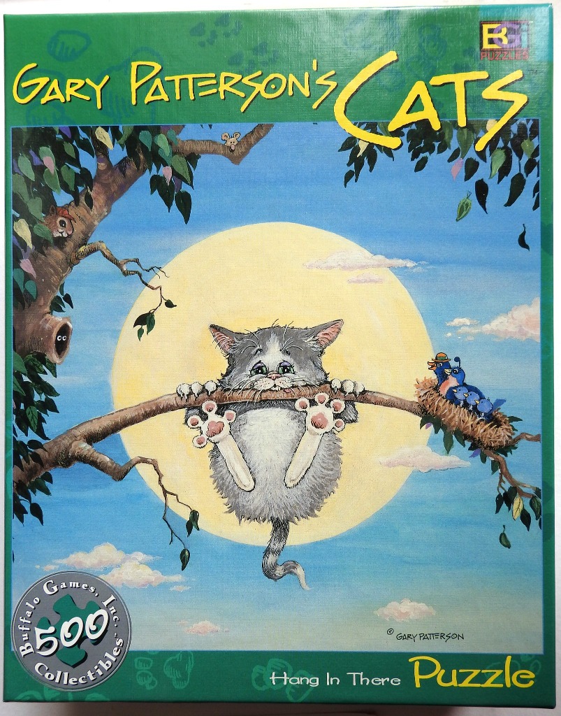 A whimsical illustration of a fluffy grey kitten clinging to a tree branch against a large, bright full moon.
