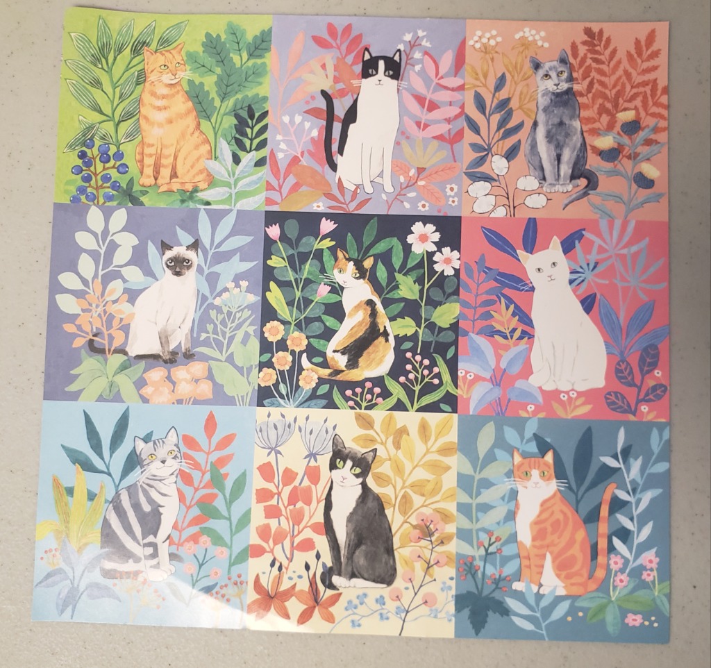 A grid of nine illustrated cats, each surrounded by unique colorful botanical patterns.