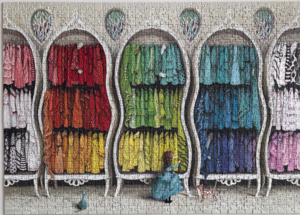 An illustration of a girl in a blue dress browsing a boutique filled with rows of color-coded clothing.