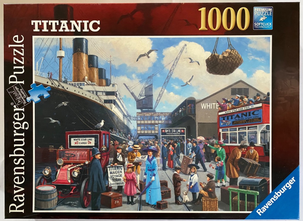 A painting of the Titanic at a busy pier with a red motorcar, a red double-decker bus, and Edwardian-era crowds.