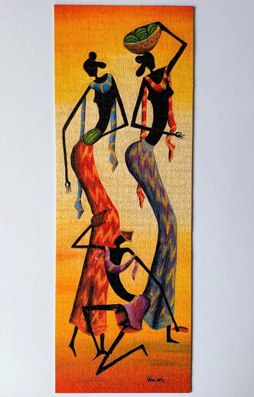 Stylized painting of three African women in long, patterned skirts set against a bright yellow and orange gradient background