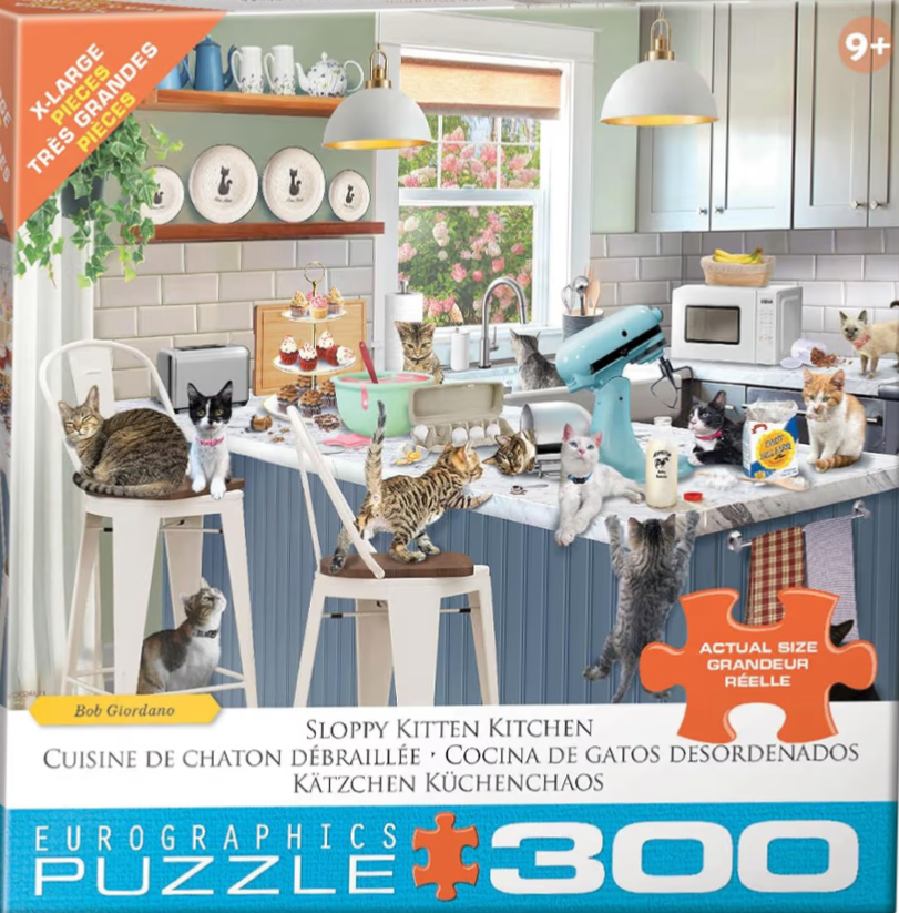 A kitchen scene filled with mischievous kittens playing on countertops and chairs amidst baking supplies.
