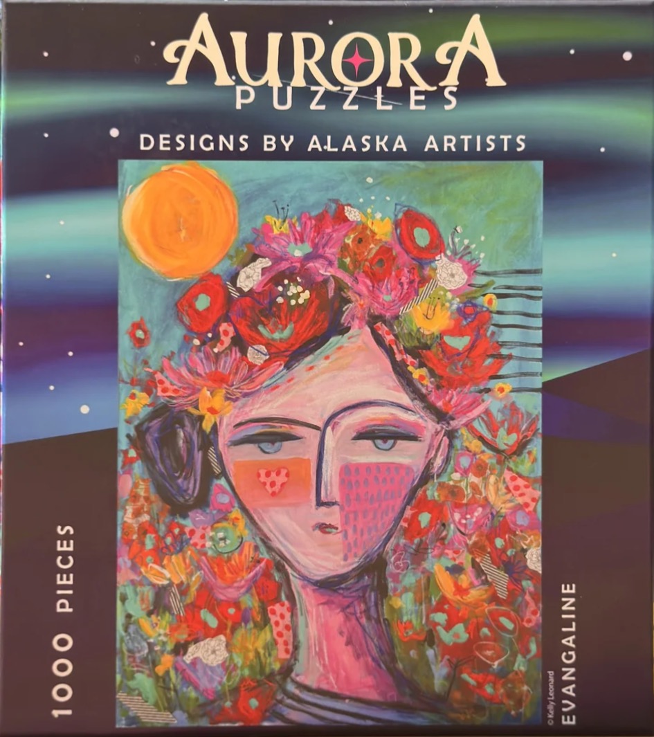 Stylized painting of a woman with a large floral crown against a backdrop of the northern lights.