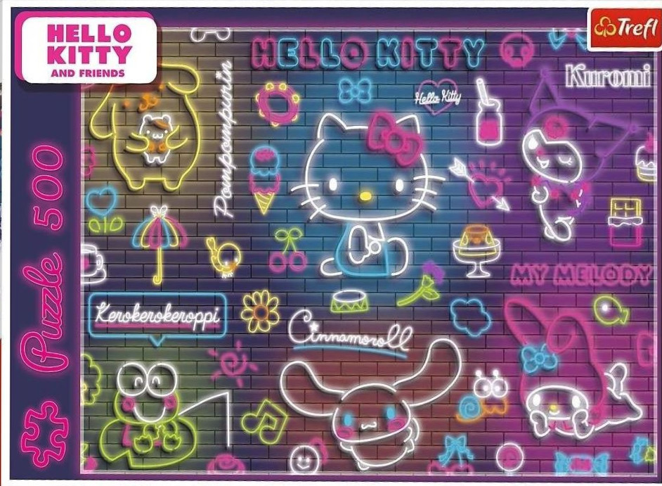Neon-style illustration of Hello Kitty and friends on a dark brick wall background.