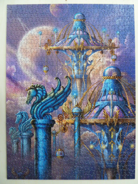 Fantasy illustration of blue winged horse statues before ornate clockwork towers against a cosmic, purple-hued sky.