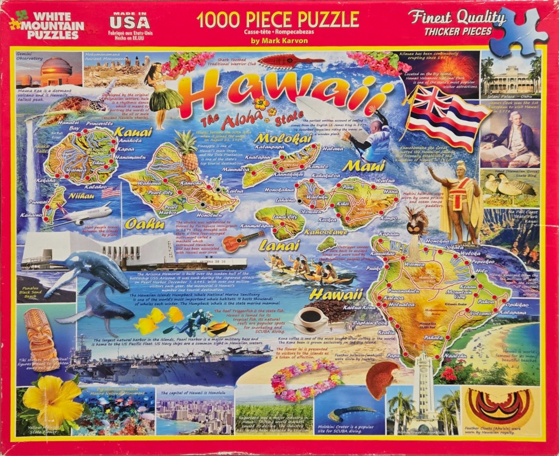 A colorful pictorial map of the Hawaiian Islands, featuring illustrations of local landmarks, wildlife, and cultural icons.