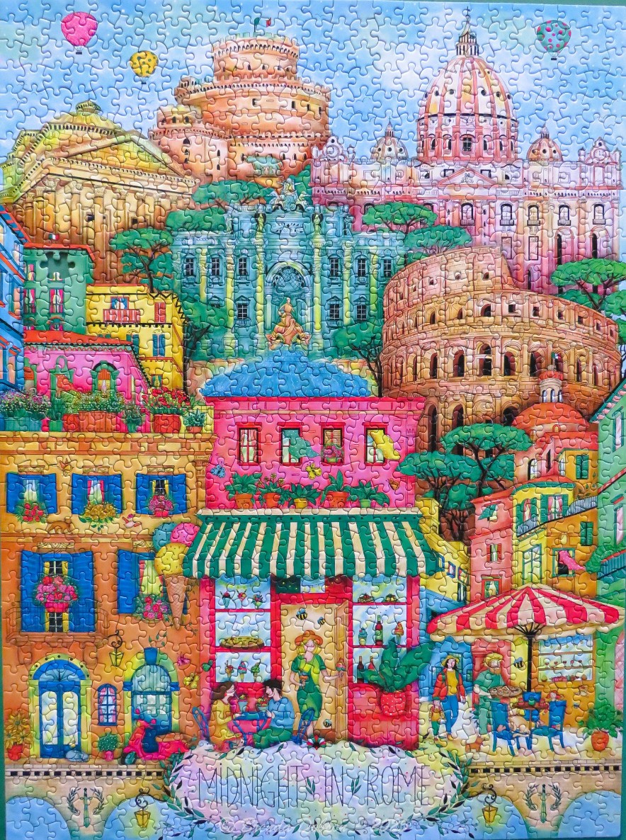 A vibrant, whimsical illustration of iconic Roman landmarks and a lively street scene at dusk.