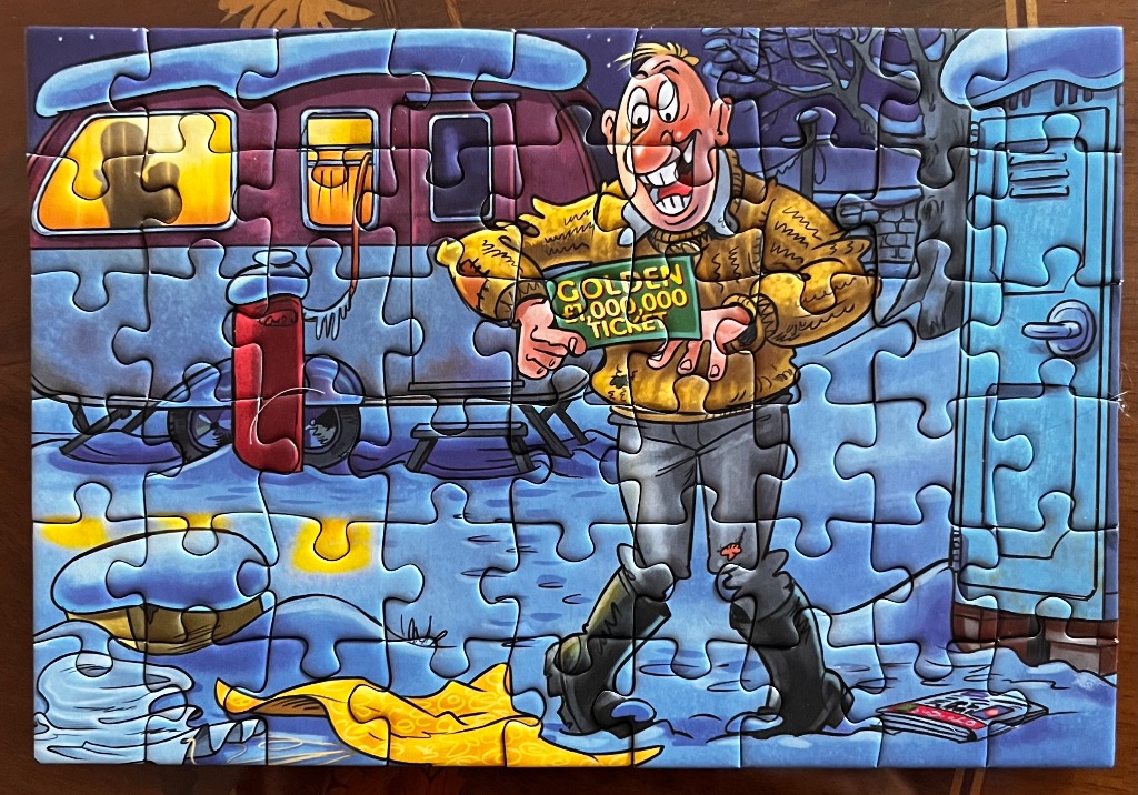Caricature of a man in a yellow jacket holding a golden ticket in a snowy, cartoon-style scene.