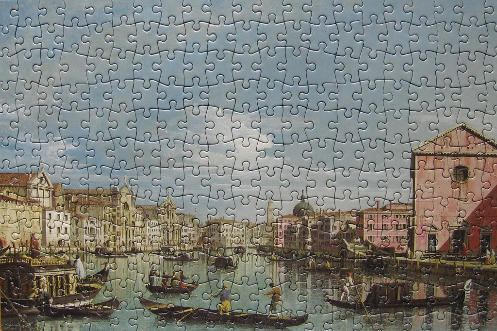 A classic oil painting depicting a bustling canal scene in 18th-century Venice with gondolas and historical architecture.