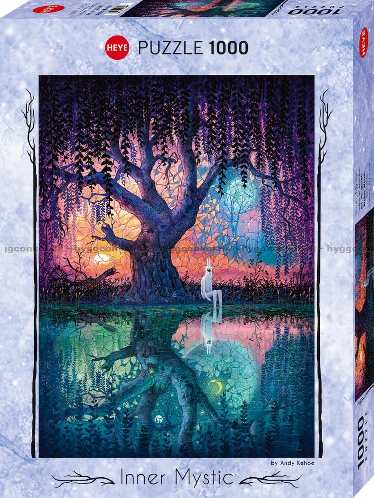 Illustration of a surreal willow tree by a still pond with a pale, horned creature at twilight.