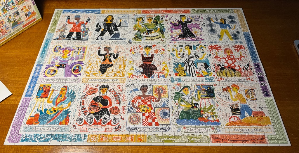 An illustrated grid featuring portraits of fourteen famous female artists, each with their own unique style and motifs.