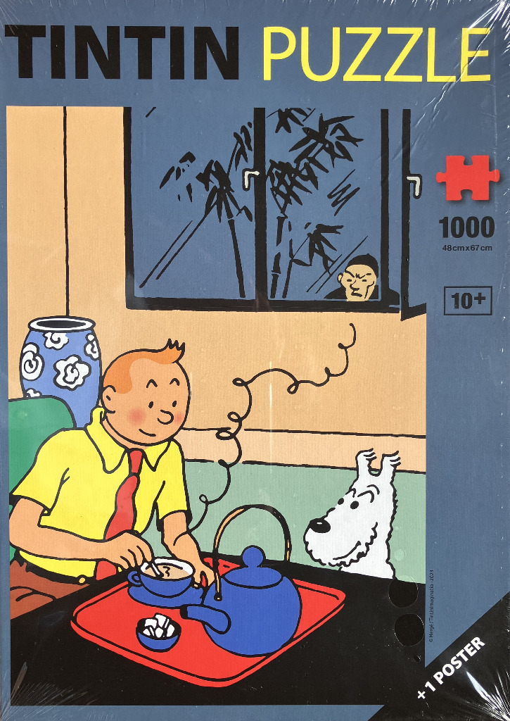 Tintin sits at a table having tea with his dog Snowy while a mysterious man watches them through a window.