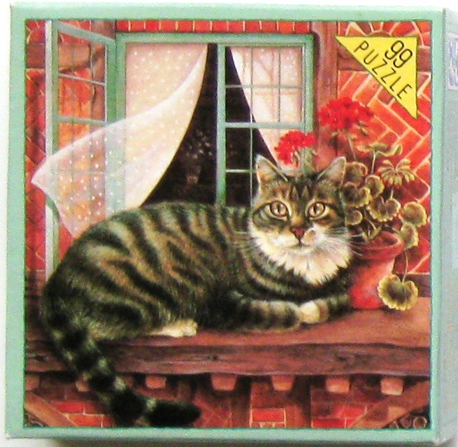 A tabby cat resting on a wooden windowsill in front of an open window with red brick walls and red geraniums.