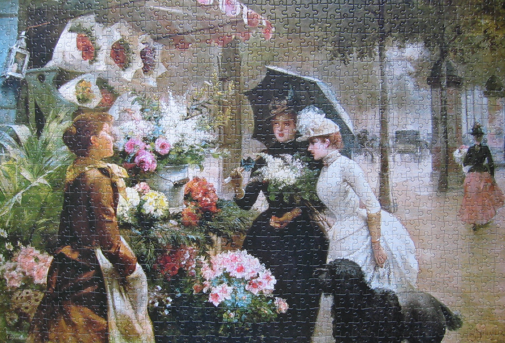 A Victorian street scene featuring two women shopping at a flower stall with a black dog.
