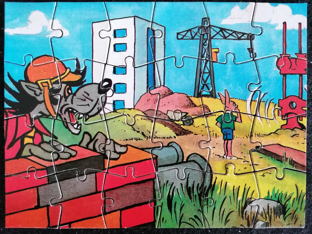 Cartoon illustration of a wolf and a hare at a construction site