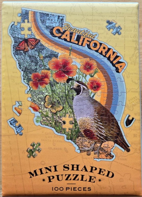 A graphic collage featuring a California state map silhouette, a quail, poppies, and butterflies against a yellow background.