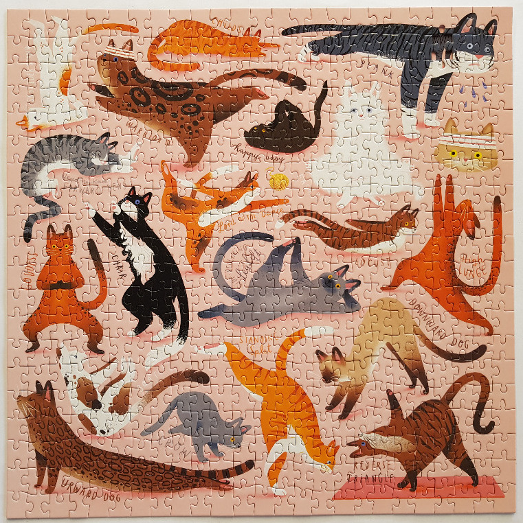 An illustration of various cats in different yoga poses against a soft pink background.